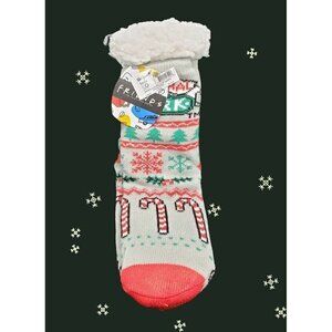 NWT FRIENDS Slipper Socks Candy Canes Sherpa Lined No Slip Grip Cushioned One Sz